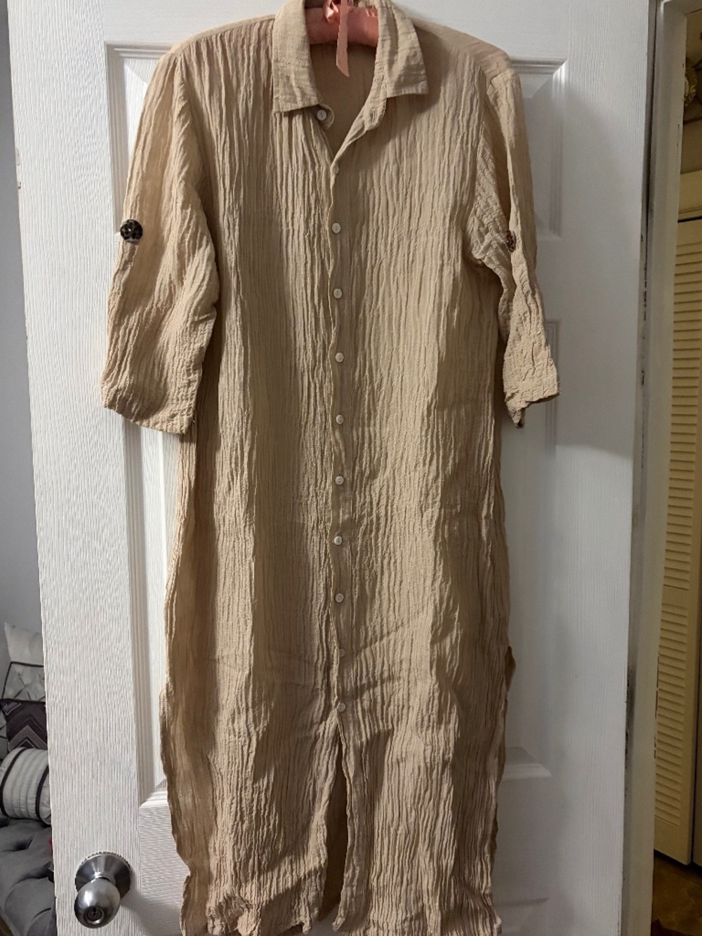 Walker and Wade tan linen crinkle shirtdress 100% cotton beach to table XS